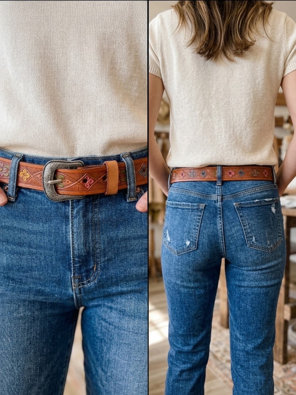 Decorative Brown Leather Hand Painted Belt with Silver Decorative Buckle SZ 34